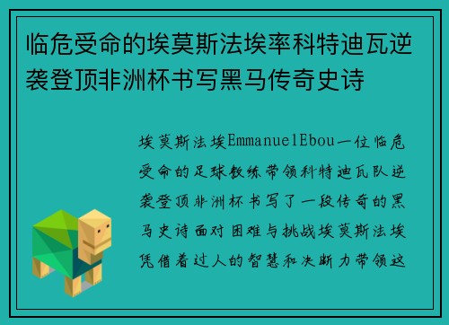 临危受命的埃莫斯法埃率科特迪瓦逆袭登顶非洲杯书写黑马传奇史诗 临危受命的埃莫斯法埃率科特迪瓦逆袭登顶非洲杯书写黑马传奇史诗
